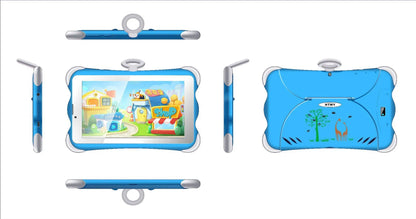 A 7-inch children's learning tablet in a cartoon colour, shown with its stand, charger, and cable.