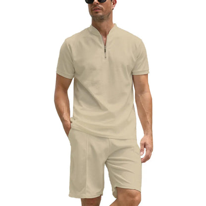 Men's solid colour polo shirt suit set with short sleeves, showing top and trousers in beaded bird's eye fabric