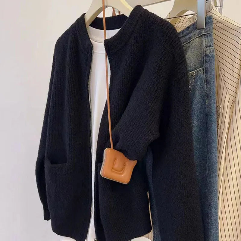 Long-sleeve viscose fibre sweater coat in beige, grey, black, or khaki, showing cardigan style and size options