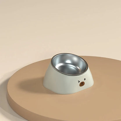 Green tilted stainless steel pet bowl with a 15-degree angle on a white background.