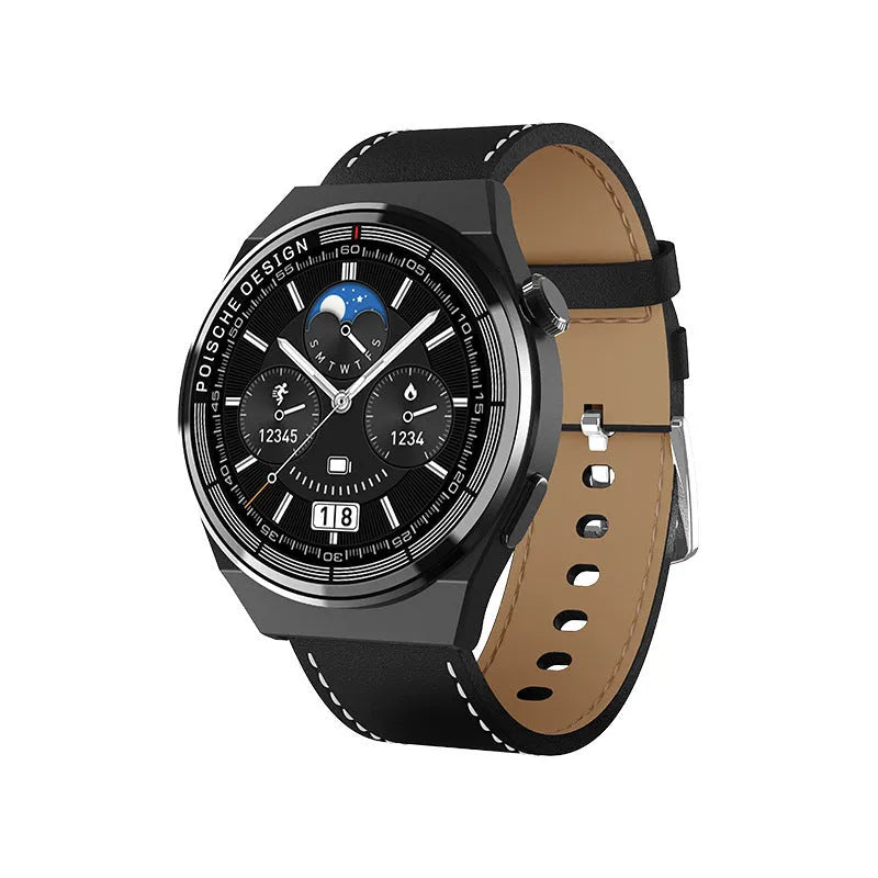 Black Bluetooth smartwatch with circular tempered glass screen showing NFC and blood sugar monitoring functions.