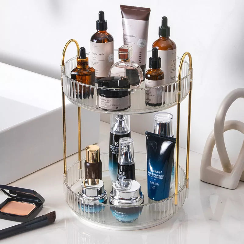 3-layer rotating cosmetic shelf in green, yellow, or white for bathroom organization