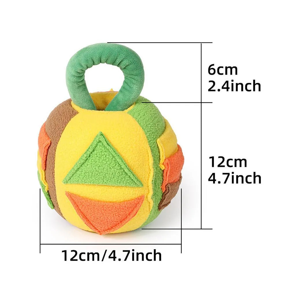 Pink and green squeaky plush ball dog toy with treat pockets for interactive play