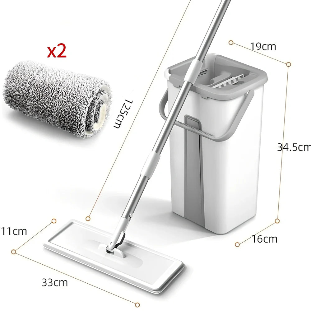 Rotating floor squeeze mop with microfiber head and flat bucket for home cleaning