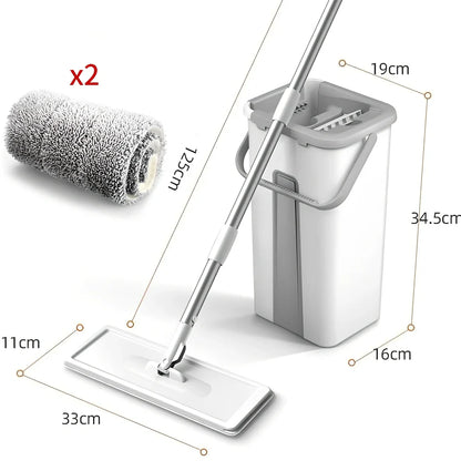 Rotating floor squeeze mop with microfiber head and flat bucket for home cleaning