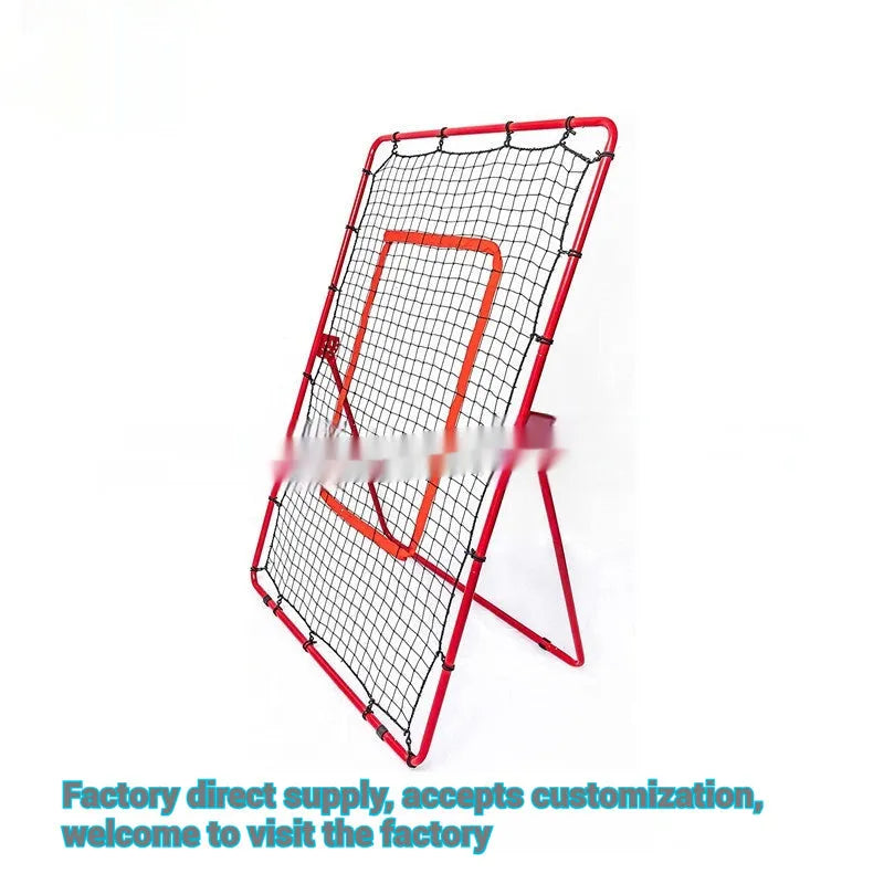 Red adjustable portable baseball training net with metal frame measuring 4x6 feet for ball sports practice