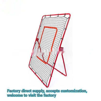 Red adjustable portable baseball training net with metal frame measuring 4x6 feet for ball sports practice