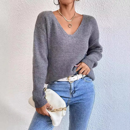 Y2K V-neck backless acrylic sweater for women in gray, black, and blue