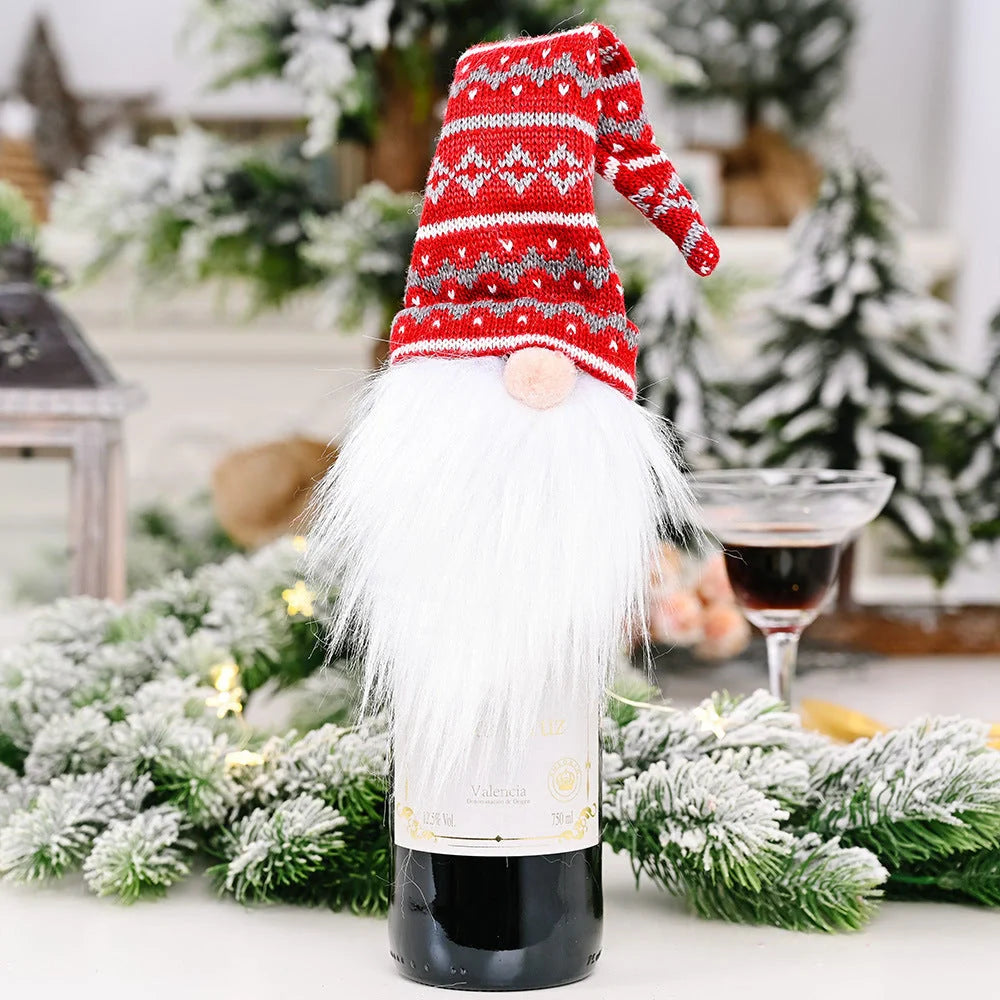 Festive Christmas wine bottle socks in vibrant colors, perfect for holiday decor