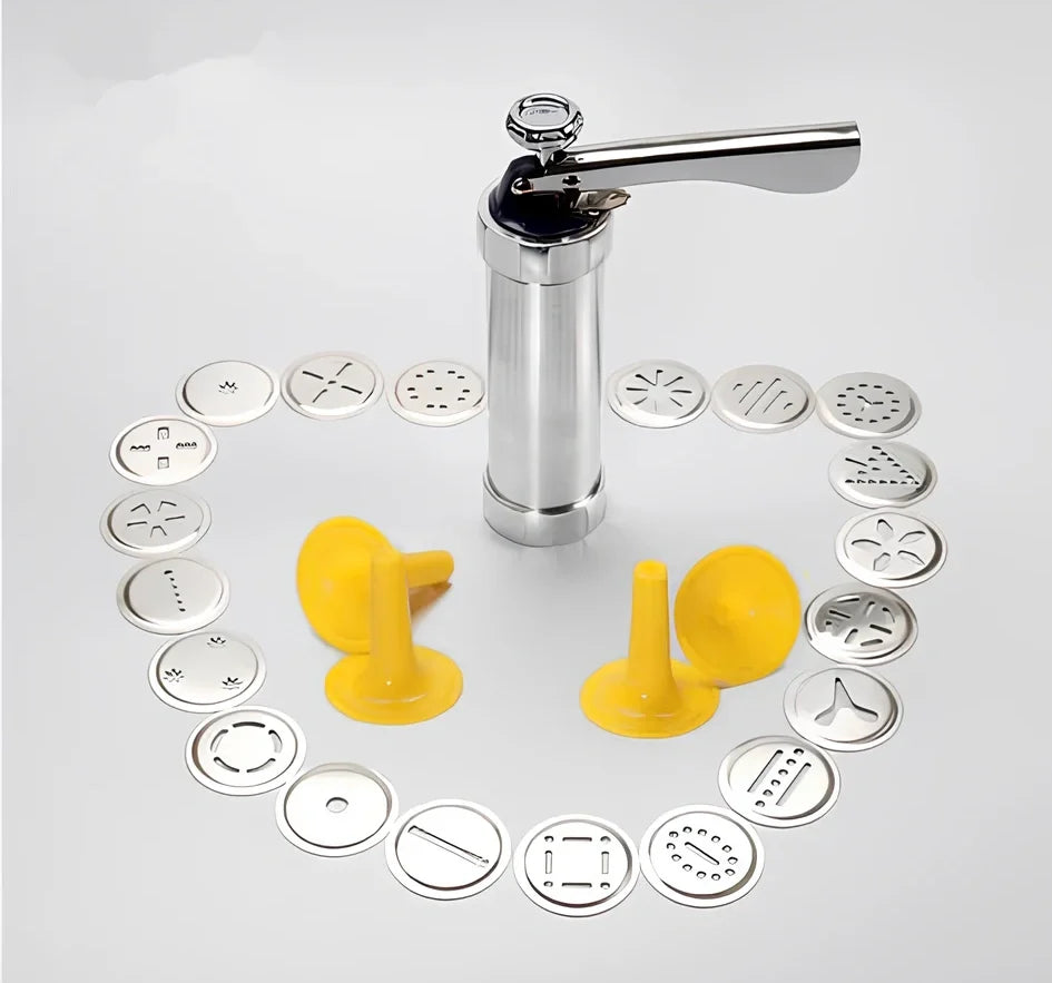 Stainless steel cookie press with 20 pattern discs for making uniform biscuits