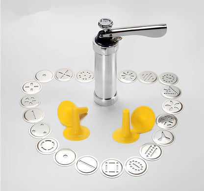 Stainless steel cookie press with 20 pattern discs for making uniform biscuits