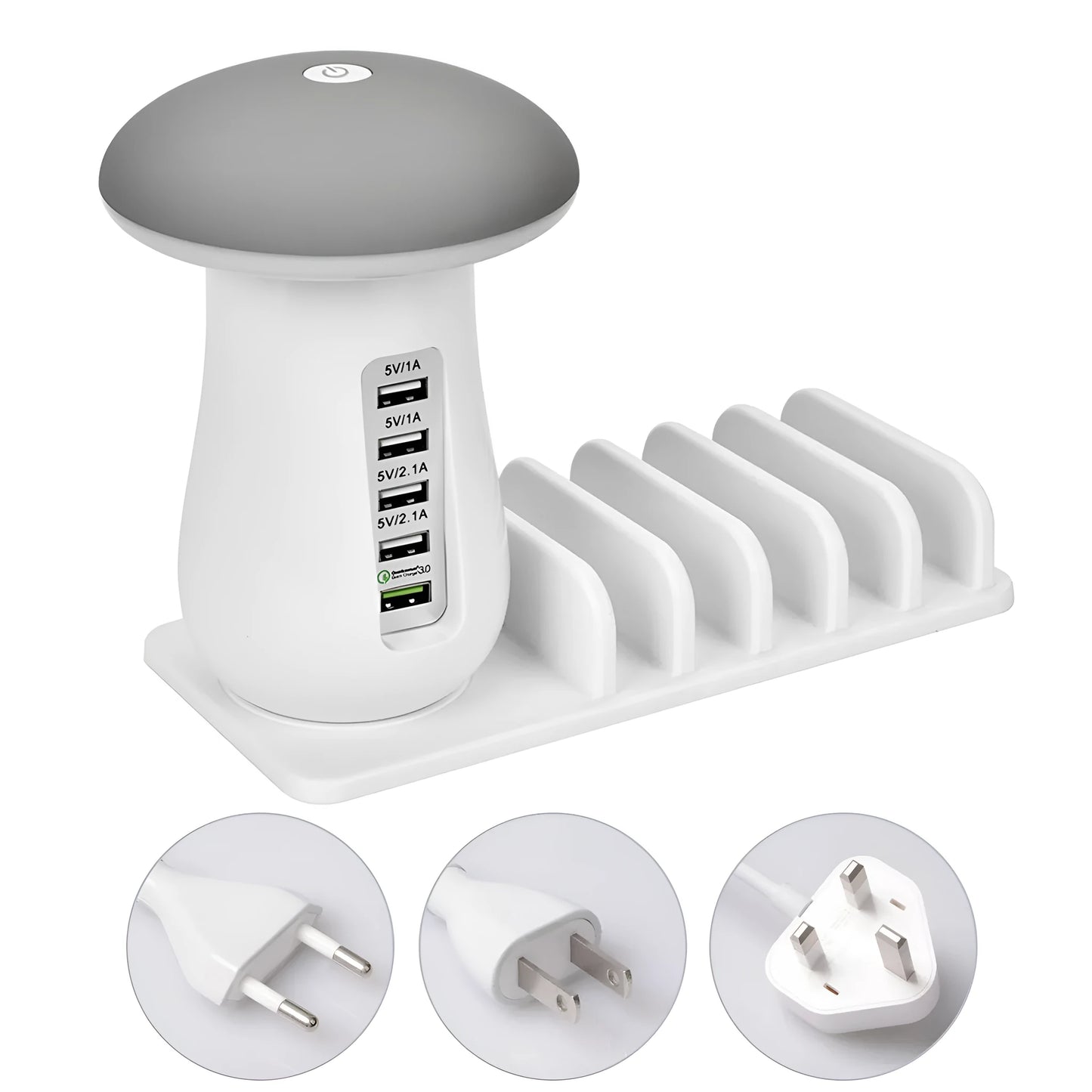 Besegad white mushroom-shaped USB charging dock station with five ports and a built-in LED light on a wooden desk.