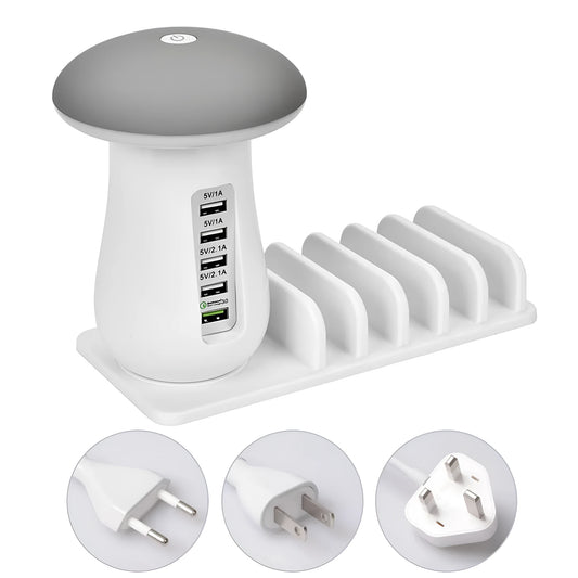 Besegad white mushroom-shaped USB charging dock station with five ports and a built-in LED light on a wooden desk.