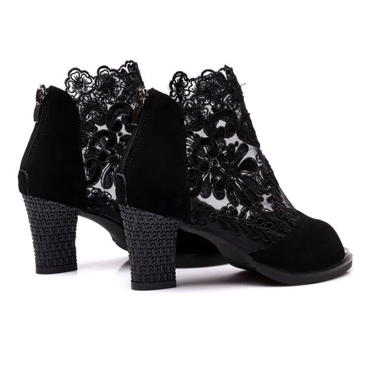 Lucyever Women's Square High Heel Gladiator Sandals with Flower Lace and Peep Toe Design, Available in UK Sizes 35-43 for Summer Casual Wear