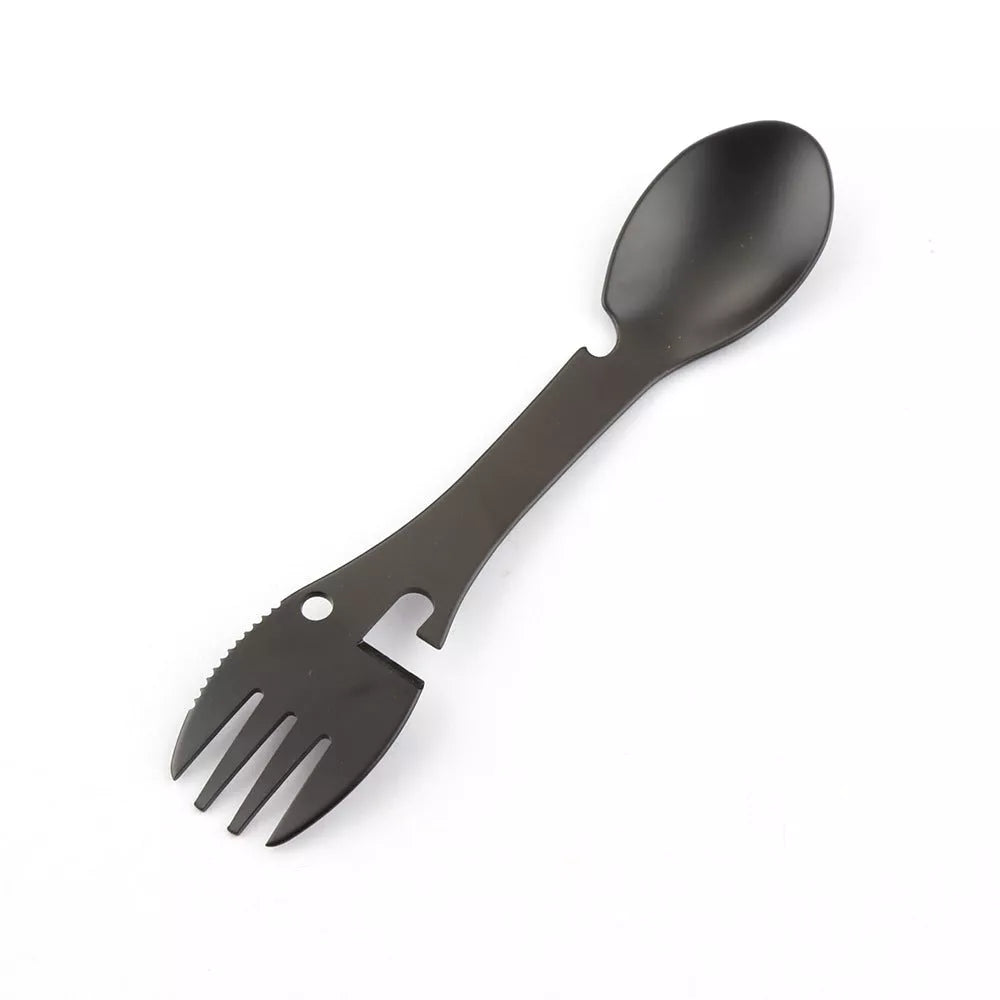 Stainless steel cutlery spoon with five functions: spoon, fork, knife, bottle opener, can opener
