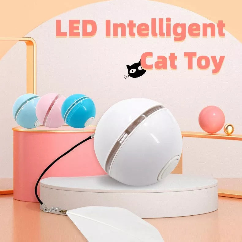 Automatic LED cat ball toy with feather and bell attachments in pink, blue, or white