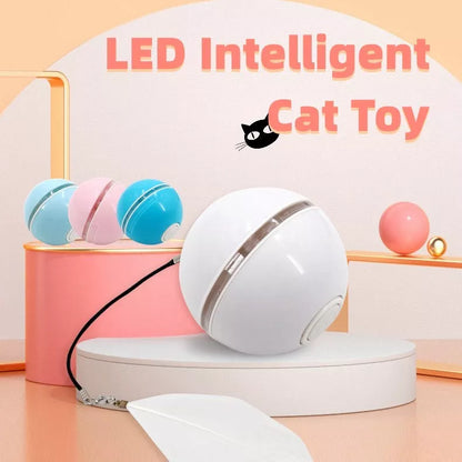 Automatic LED cat ball toy with feather and bell attachments in pink, blue, or white