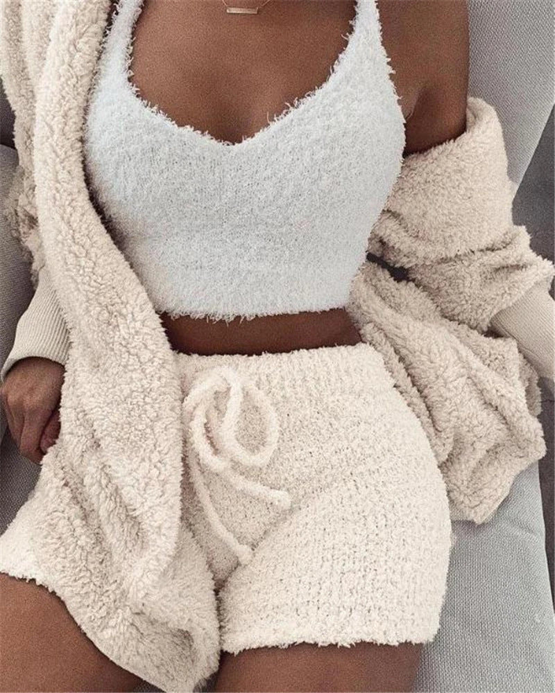 Cozy 3-Piece Women's Pajama Set with Long Sleeve Crop Top and Drawstring Shorts in various colors