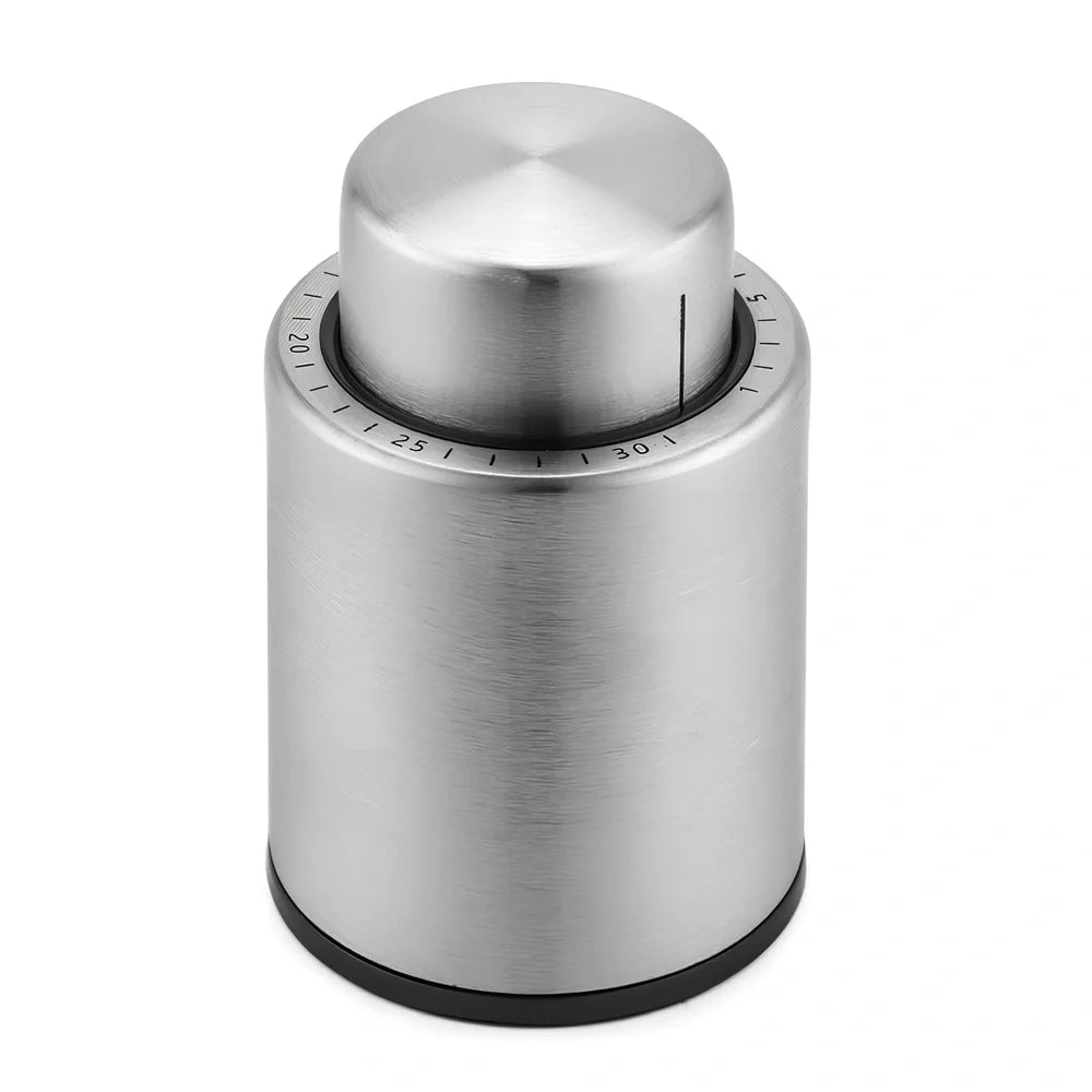 Silver stainless steel vacuum wine stopper, 4.1cm x 5cm x 3.1cm, preserves freshness by removing air from standard bottles