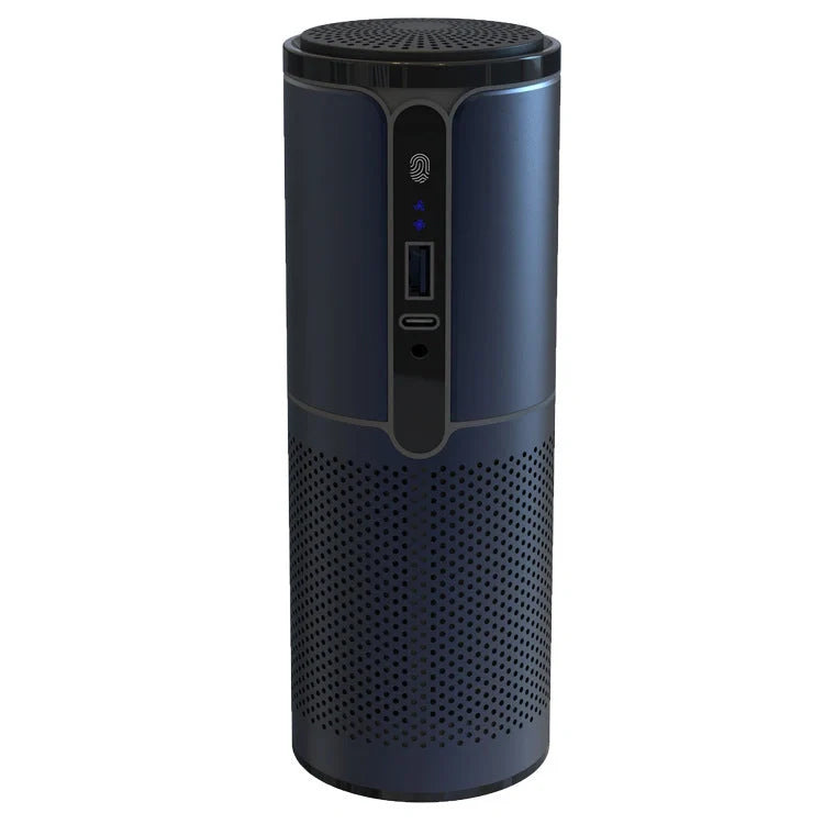 Compact car air purifier in black, reducing 99.9% of allergens with HEPA technology