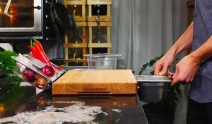 Bamboo cutting board with plastic storage trays for meal prep and organization