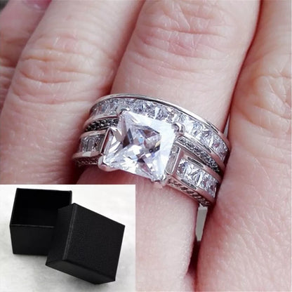 Silver princess cut CZ couple rings for anniversaries and weddings, sizes 5-12