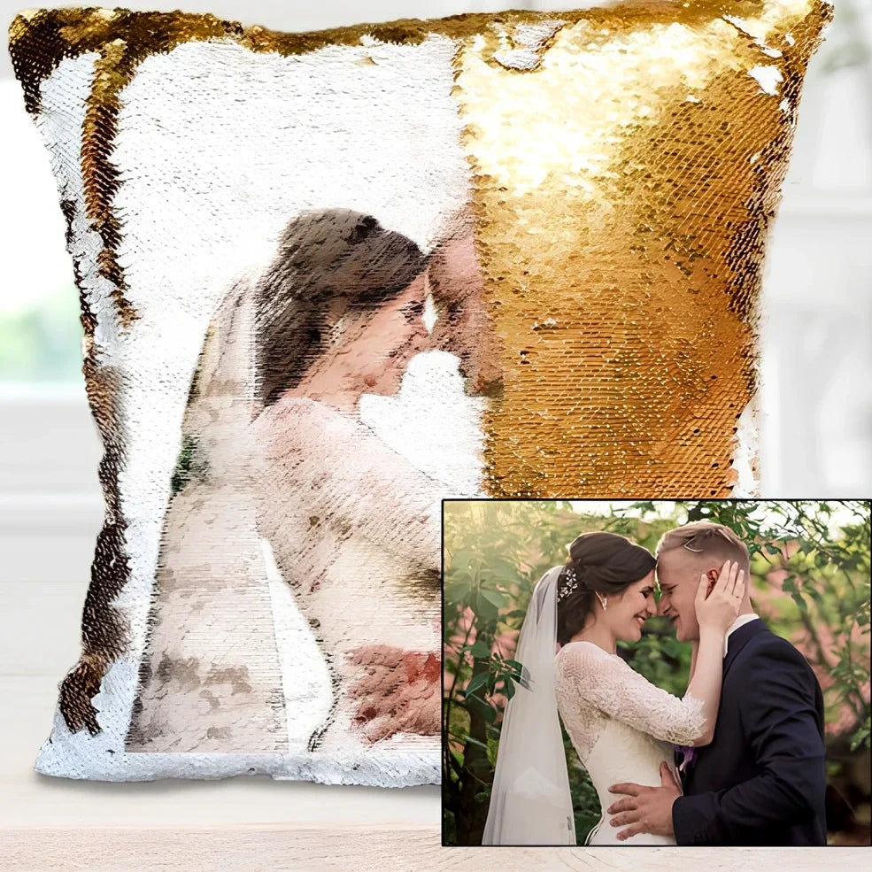 Custom photo sequin cushion cover with 40cm dimensions showing gold and silver luminous design options