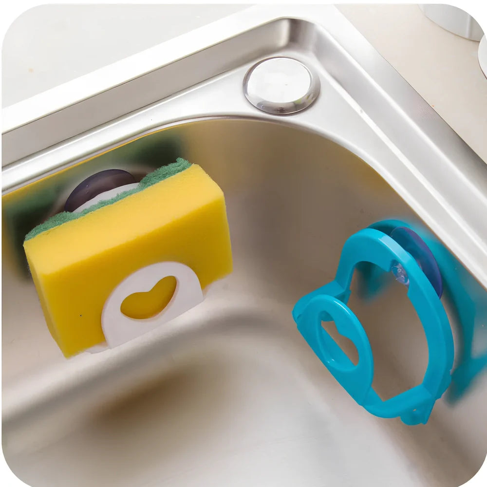 Plastic hook sponge storage rack with suction cup attachment in multiple colour options