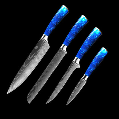 8-inch Chef Knife with vibrant blue resin handle, perfect for precision cutting in the kitchen.