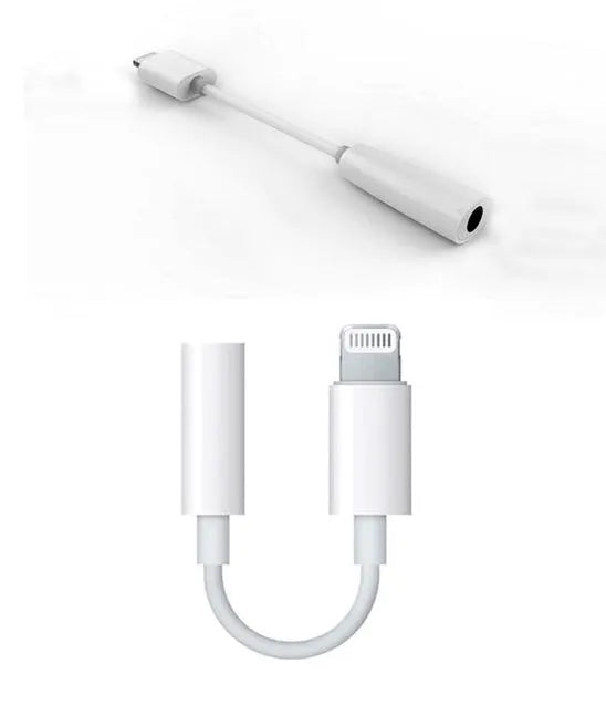 White Lightning to 3.5mm audio adapter cable for Apple iPhone on a dark background
