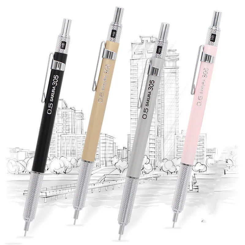 Japanese cherry mechanical pencil with metal rod mechanism in gold, silver, black, or pink colours