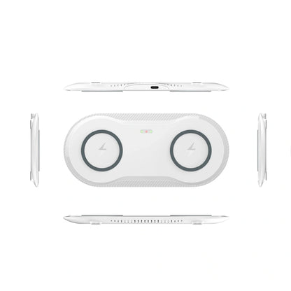 Dual wireless charger for mobile phones in black and white with intelligent temperature control