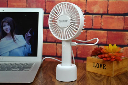 White ORICO FH1 USB rechargeable desk fan with fine-line detailing showing compact 215mm design