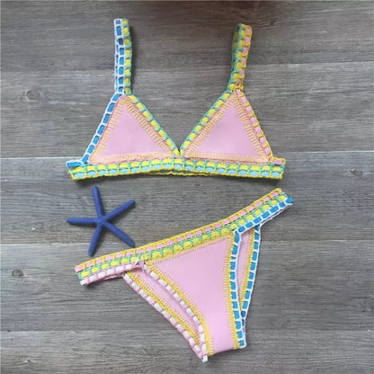 Hand crochet colorful bikini set with spell color rubber accents, available in multiple sizes and colors.
