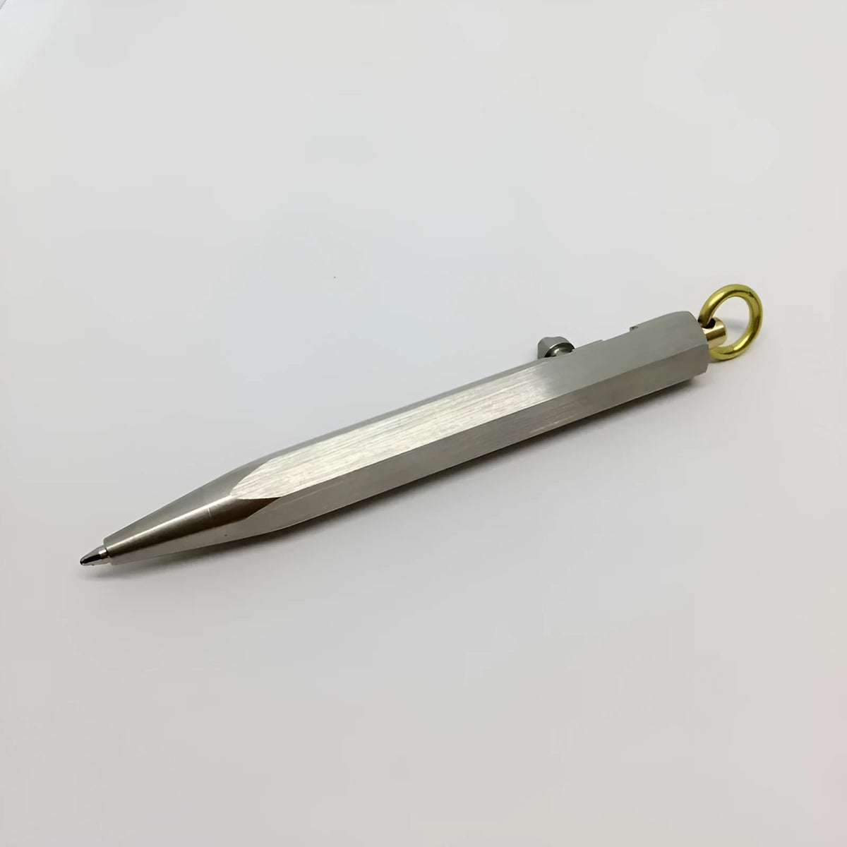 Six-sided brass fountain pen with stainless steel details and keychain attachment in colours shown