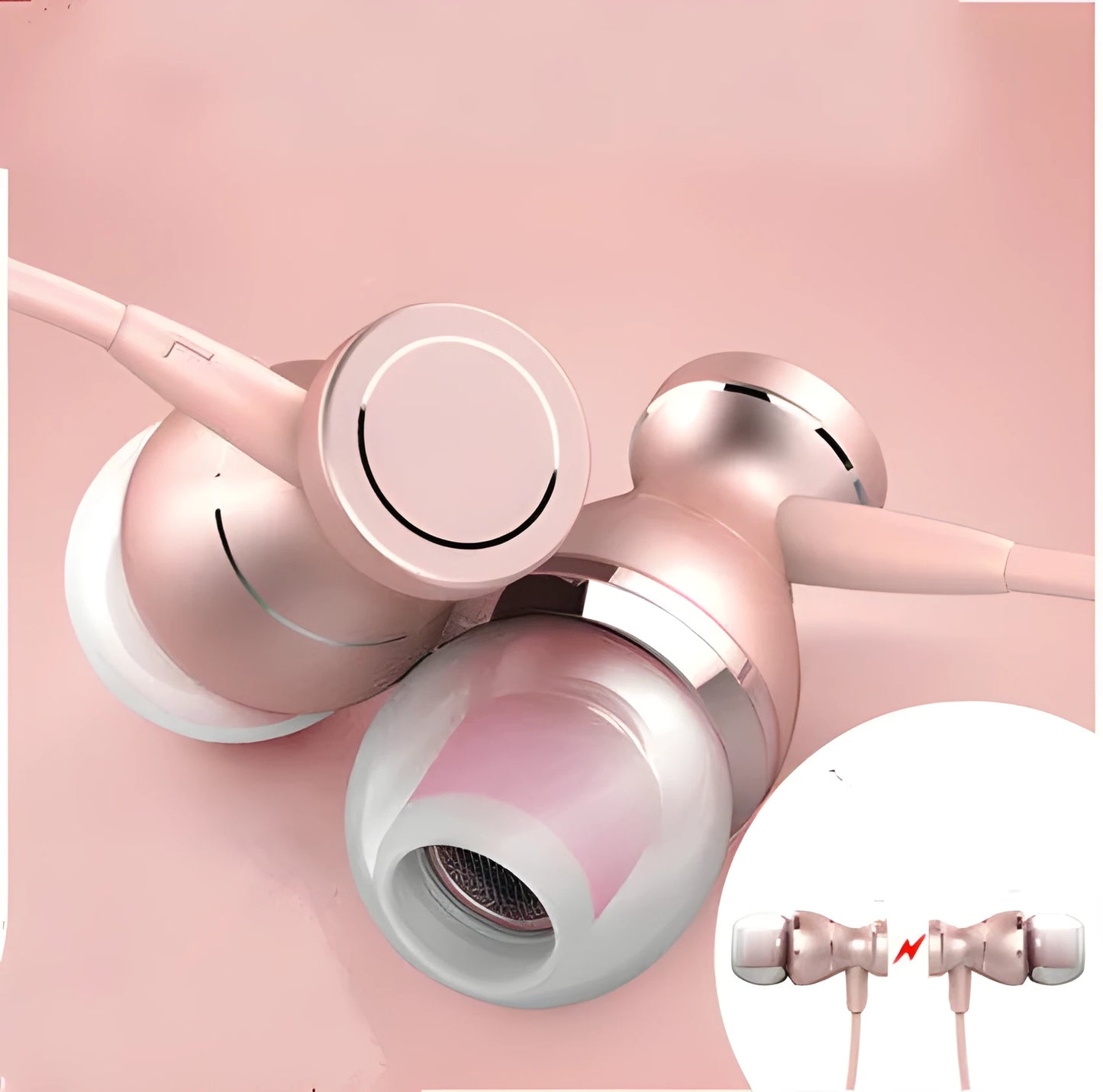 Universal in-ear subwoofer headphones with straight 3.5mm plug in black, gold, rose gold, and silver colour options.