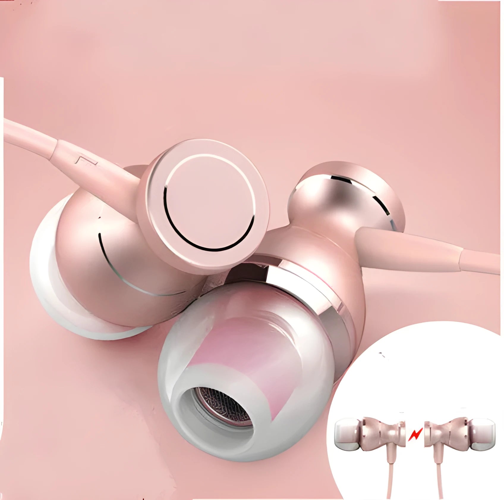 Universal in-ear subwoofer headphones with straight 3.5mm plug in black, gold, rose gold, and silver colour options.