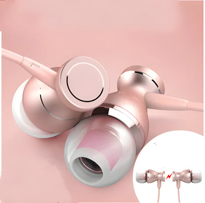 Universal in-ear subwoofer headphones with straight 3.5mm plug in black, gold, rose gold, and silver colour options.