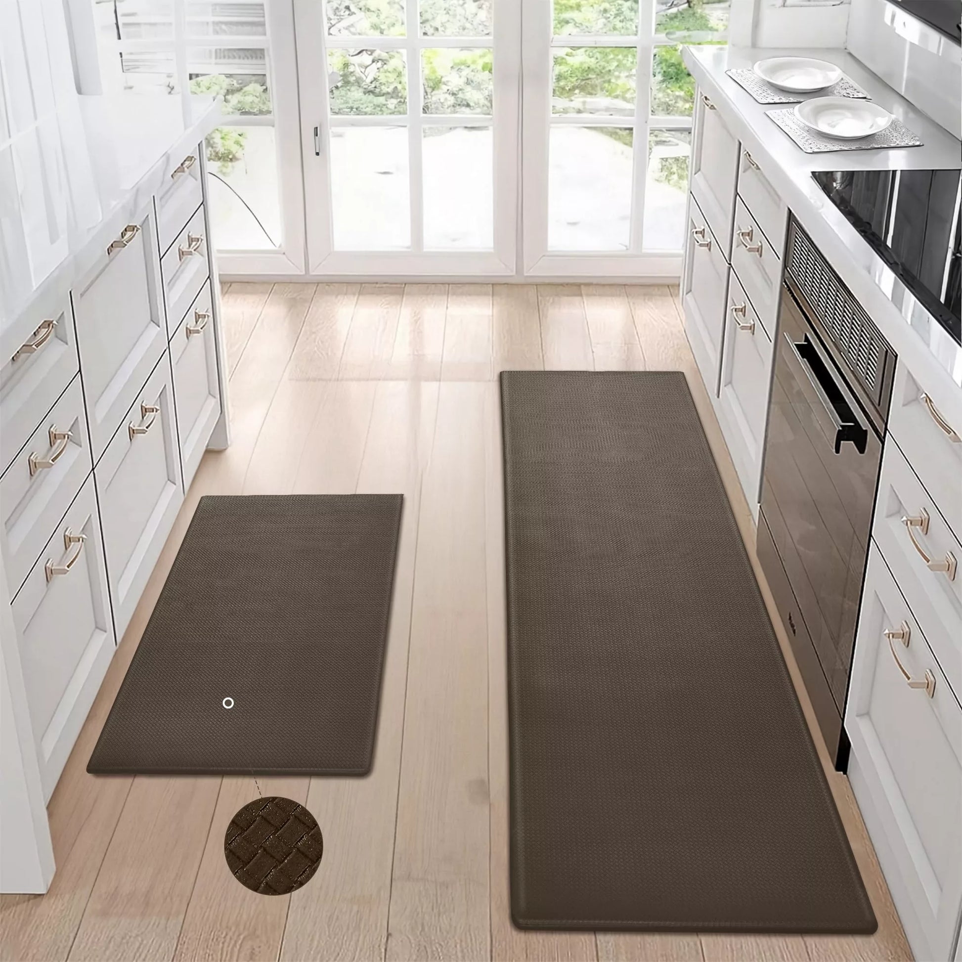 Non-slip kitchen floor mat set in brown, waterproof and easy to clean