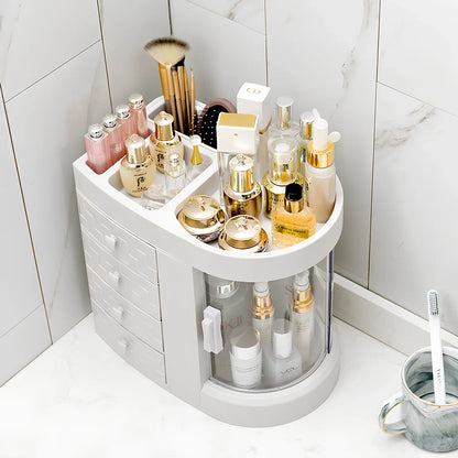 White plastic skincare storage rack with multiple compartments measuring 29.5cm wide