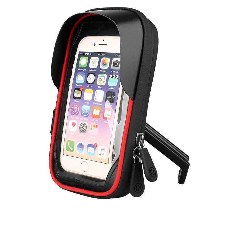 Torro waterproof mobile phone holder mounted on a bicycle handlebar, showing the thin touch-screen cover and zipper.