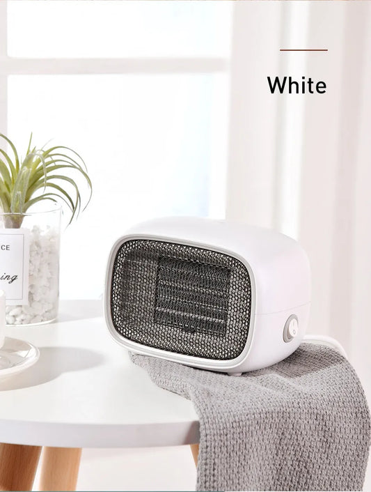 Mini home heater in green, white, or yellow with PTC ceramic heating and compact 158mm x 90mm x 114mm size