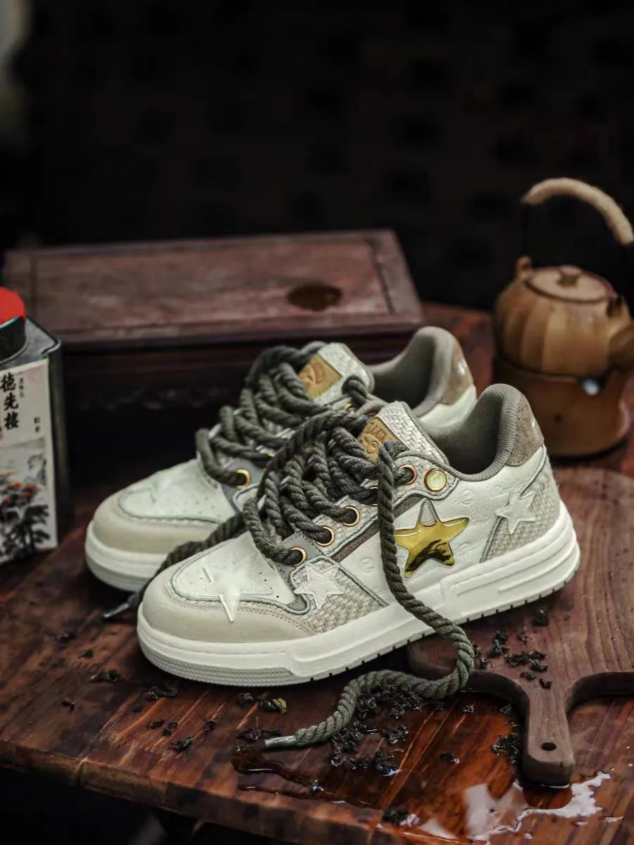 Cowhide leather platform running shoes in tea colour with lace-up front and rubber sole.
