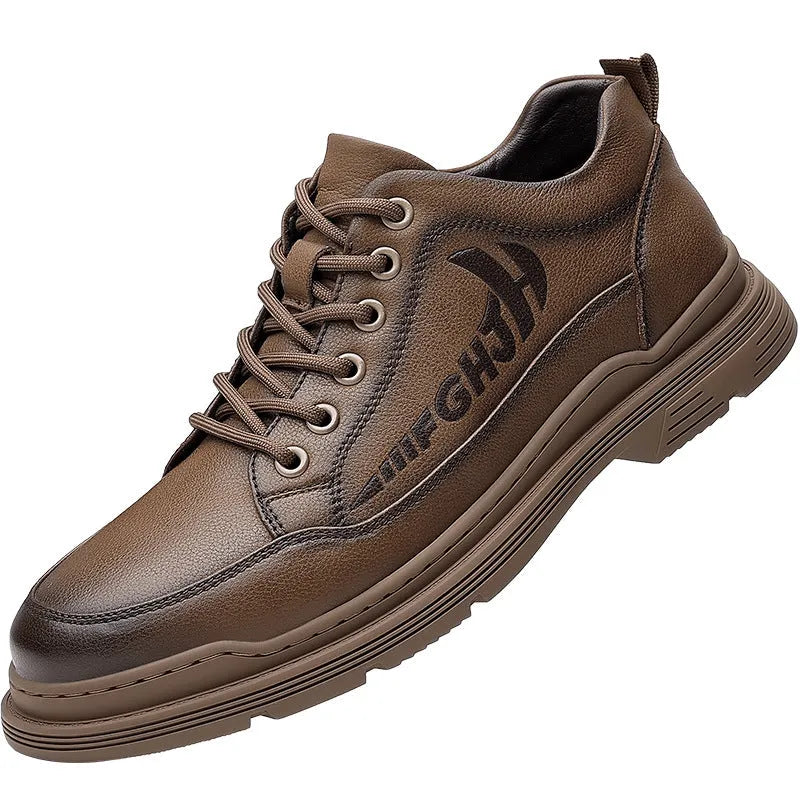 Mens Leather Shoes Breathable Business Soft Sole Round Toe Low Heel Rubber Sole Front Tie Black Khaki Sizes 38-44 Casual Office Footwear