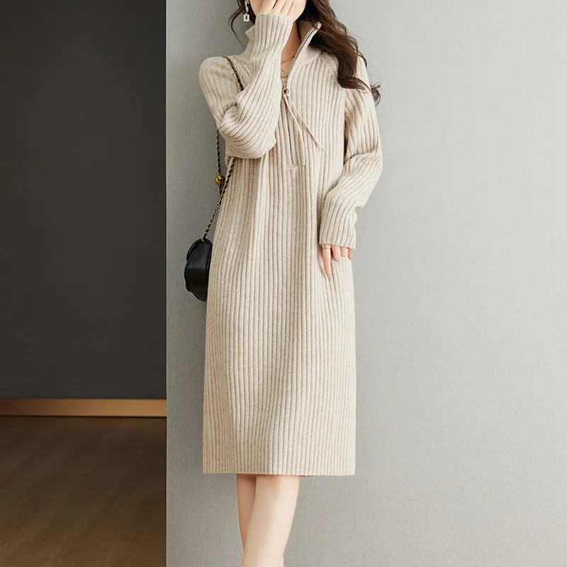 Women's beige casual long sleeve dress with half zip front and stand collar, loose straight fit.