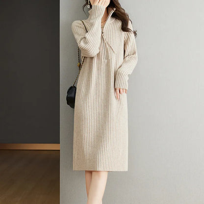 Women's beige casual long sleeve dress with half zip front and stand collar, loose straight fit.