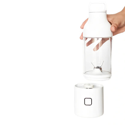 Portable mini juice cup with borosilicate glass liner showing 81x81x281mm dimensions and USB charging port