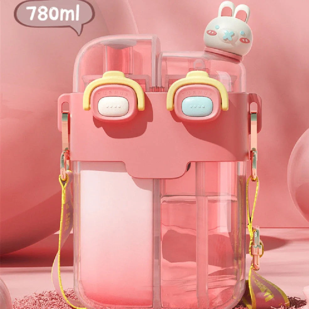 Plastic water bottle with spring cover in coral pink, measures 11.3x20.5x7cm