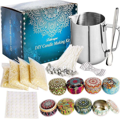 DIY candle making kit with metal pouring pot, beeswax blocks, and scented jars for Christmas candles