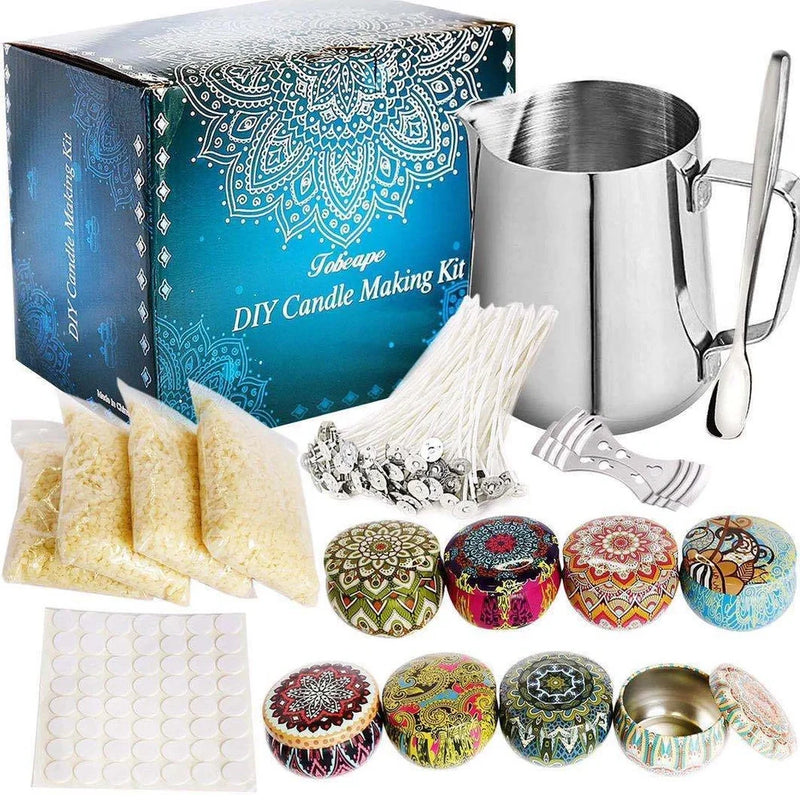 Complete DIY candle making kit with metal pouring pot, beeswax supplies, and scented jars for creating 8 cylindrical Christmas candles with precise wick placement
